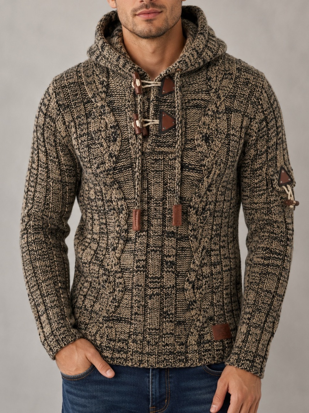 Leif Nelson Brown Cable Knit Hooded Toggle Sweater